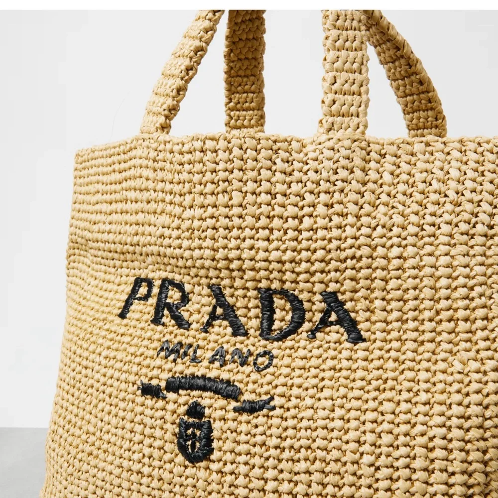 Prada Milano Raffia Tote Bag Large Logo Beige Black – Full Set NEW